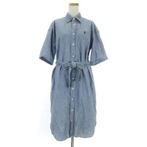 近年 ワンピース シャツ 半袖 シャンブレー コットン ベルト付き ワンポイント 刺繍 水色 ライトブルー 6 SM0