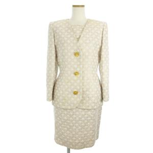 ヴィンテージ セットアップ スーツ テーラードジャケット シングル タイトスカート ひざ丈 ラメ加工 金ボタン 総柄 白 ホワイト