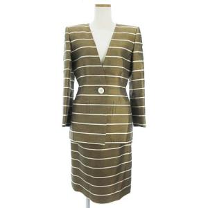 ヴィンテージ セットアップ スカートスーツ ノーカラージャケット ひざ丈 ボーダー シルク ブラウン 茶系 8 TH