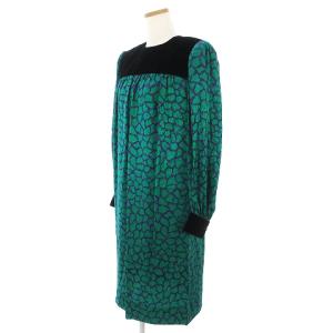 GIVENCHY ヴィンテージ ワンピース 長袖 ひざ丈 シルク ベルベット 総柄 グリーン パープル