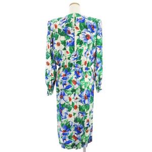 GIVENCHY ヴィンテージ ワンピース カシュクール ミモレ 長袖 タック 花柄 シルク 緑 青 白 オレンジ 12 TH