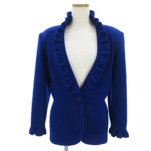 ヴィンテージ カーディガン 長袖 フリル ウール 無地 フロントボタン ブルー M TH