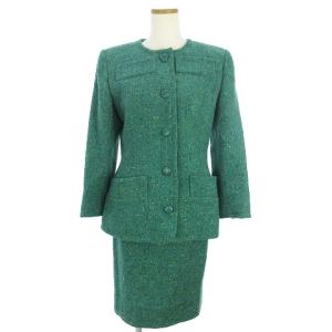 ヴィンテージ スーツ セットアップ ノーカラージャケット シングル タイトスカート グリーン