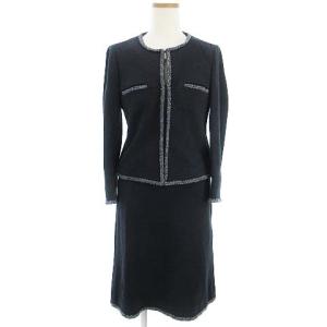 STRETCH KNIT セットアップ スカートスーツ ノーカラージャケット ネイビー