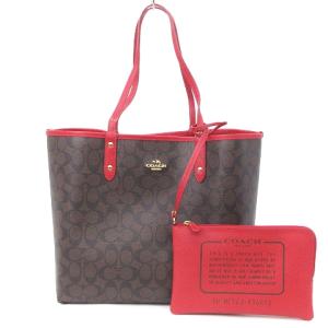 シグネチャー リバーシブル トートバッグ ポーチ付き PVC レザー F36658 ブラウン レッド