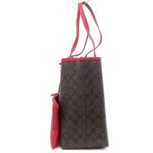 COACH シグネチャー リバーシブル トートバッグ ポーチ付き PVC レザー F36658 ブラウン レッド