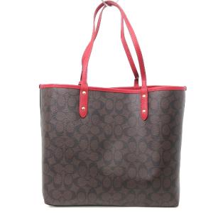COACH シグネチャー リバーシブル トートバッグ ポーチ付き PVC レザー F36658 ブラウン レッド