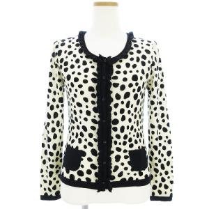 ニット カーディガン 長袖 ダルメシアン フリル ウール オフホワイト ブラック 2