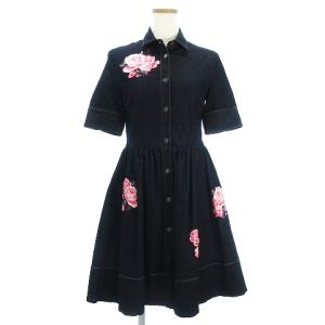 BROOME STREET デニムワンピース ひざ丈 半袖 花柄 フラワー プリント コットン NJMU7366 インディゴ