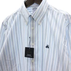 Brooks Brothers タグ付き 近年 REGENT FIT 1818 シャツ 長袖 カジュアル ストライプ ロゴ刺繍 コットン ブルー L