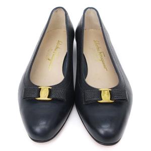 Salvatore Ferragamo ヴァラ パンプス リザード型押し リボン レザー ブラック