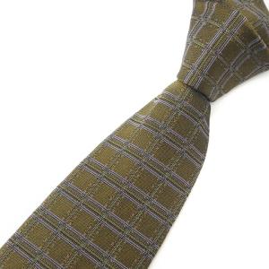 美品 ネクタイ レギュラータイ シルク100% 総柄 格子柄 カーキ AA