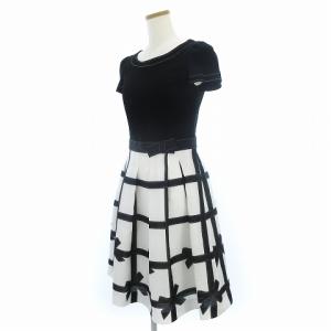 M'S GRACY リボン チェック ワンピース 半袖 ひざ丈 SW-811317 ホワイト ブラック 38