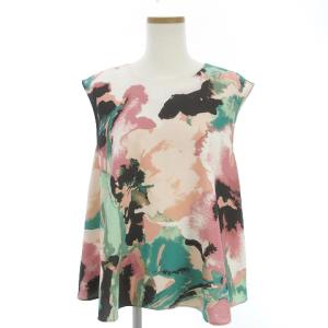 美品 シャツ カットソー ノースリーブ 丸首 クルーネック シフォン 総柄 ピンク 38