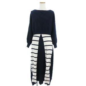 リブフレアsetワンピース ニット ロング ボーダー 無地 ネイビー ホワイト