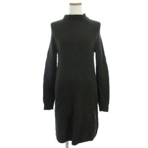 ニットワンピース ひざ丈 長袖 ボトルネック ウール 無地 グリーン S