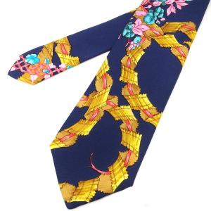 HERMES 美品 ネクタイ レギュラータイ シルク100％ 総柄 花柄 紺 ネイビー AA