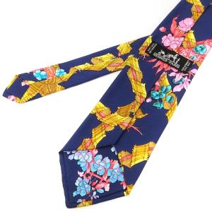 HERMES 美品 ネクタイ レギュラータイ シルク100％ 総柄 花柄 紺 ネイビー AA