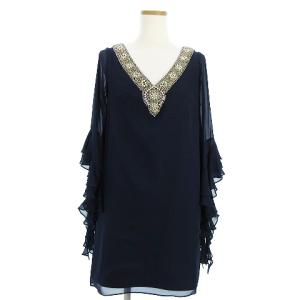 ワンピース ドレス ひざ丈 シースルー 長袖 ビジュー ビーズ フリル シルク ネイビー 紺 36