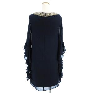 GRACE CONTINENTAL ワンピース ドレス ひざ丈 シースルー 長袖 ビジュー ビーズ フリル シルク ネイビー 紺 36