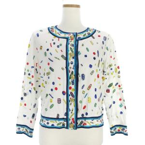 FASHION カーディガン 長袖 総柄 宝石 ストーン柄 コットン 白 ホワイト M IBO9