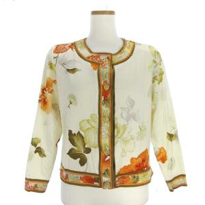 FASHION カーディガン 長袖 花柄 フラワー 大柄 コットン アイボリー M IBO9