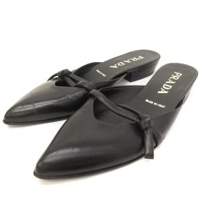 ミュール パンプス リボン レザー ロゴ 黒 ブラック 34 1