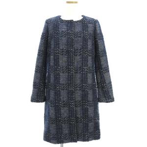 ノーカラー コート ツイード 長袖 フロントスナップボタン ウール 紺 ネイビー 2 アウター