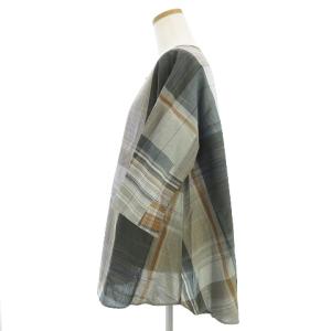 JURGEN LEHL 22年 美品 シャツ ブラウス 5分袖 丸首 くるみボタン チェック コットン グレー L