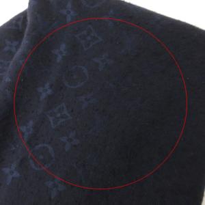 LOUIS VUITTON モノグラム ショール ストール フリンジ シルク ウール混 紺 ネイビー 小物 AA