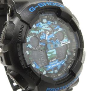 CASIO G-SHOCK 美品 腕時計 アナログ デジタル クオーツ 文字盤 カモフラ GA-100CB-1AJF 黒 ブラック 青 ブルー ウォッチ