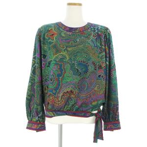FASHION カットソー 長袖 総柄 リボン プリント シルク混 緑 グリーン L