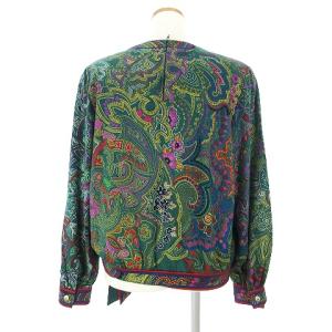 LEONARD FASHION カットソー 長袖 総柄 リボン プリント シルク混 緑 グリーン L