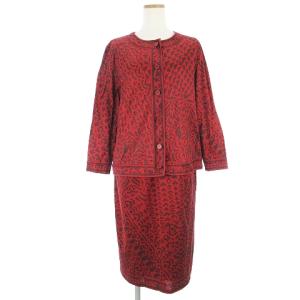FASHION セットアップ カーディガン 長袖 スカート ひざ丈 総柄 コットン 赤系 レッド系 M 70