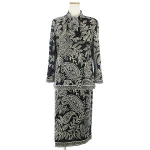 FASHION セットアップ ボウタイカットソー スカート シルク混 総柄 LL 黒