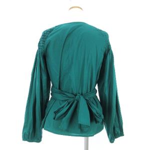 Merlette 近年 ブラウス 長袖 カシュクール リボン ギャザー 無地 コットン CL826608ER 緑 グリーン F