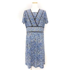 ワンピース 総柄 半袖 ひざ丈 Vネック レイヤード風 ブルー系 11