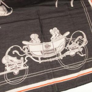 HERMES エクスリブリス スカーフ 長方形 馬車 シルク混 ブラウン