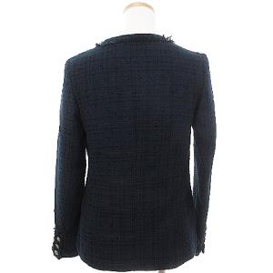 Deuxieme Classe SUPREME QUALITY CLOTHES 良品 ツイードジャケット ノーカラー フリンジ ネイビー 紺 36