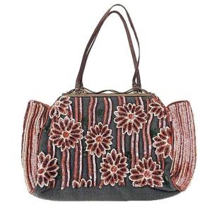 JAMIN PUECH トートバッグ スパンコール フラワーモチーフ レザーハンドル ウール B5 茶ｘグレー