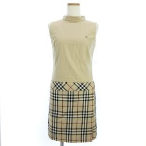 ワンピース ひざ丈 ノースリーブ ラップ風 ノバチェック FM597-131 ベージュ系 38