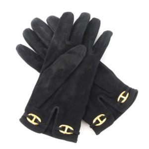 HERMES スエードグローブ 手袋 シェーヌダンクル ゴールド金具 レザー ブラック