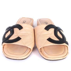CHANEL カンポンライン サンダル フラット ココマーク キルティング レザー ベージュ