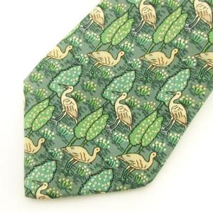 HERMES ネクタイ レギュラータイ 総柄 シルク 鳥 グリーン 緑 SM0