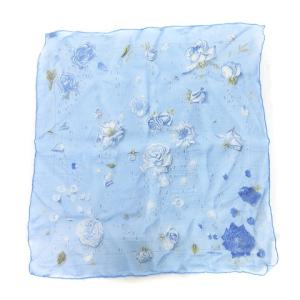 シルク スカーフ ハンカチーフ シアー バラ 薔薇 水色 ブルー系 SM0