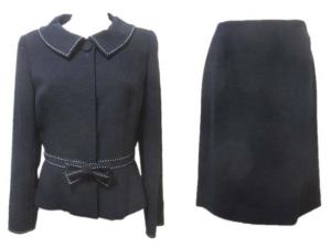 スカート セットアップ スーツ ジャケット リボン ステッチ ひざ丈 タイト 紺 ネイビー 40 L ECS X