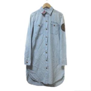 ワンピース シャツ デニム ワッペン ひざ丈 長袖 USED加工 シャンブレー ライトブルー チェーンステッチ 9 コットン