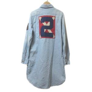 RALPH LAUREN ワンピース シャツ デニム ワッペン ひざ丈 長袖 USED加工 シャンブレー ライトブルー チェーンステッチ 9 コットン