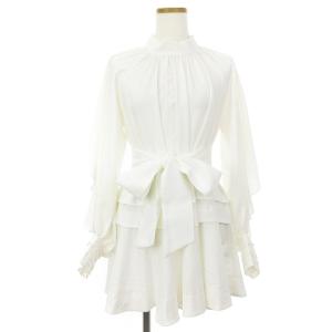 20AW バックフレアチュニックブラウス シャツ 長袖 フリル 無地 ベルト付き 白 ホワイト F