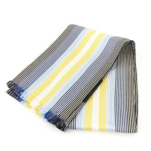 ストール フリンジ ストライプ シルク 青系 黄 マルチカラー AA SM0
